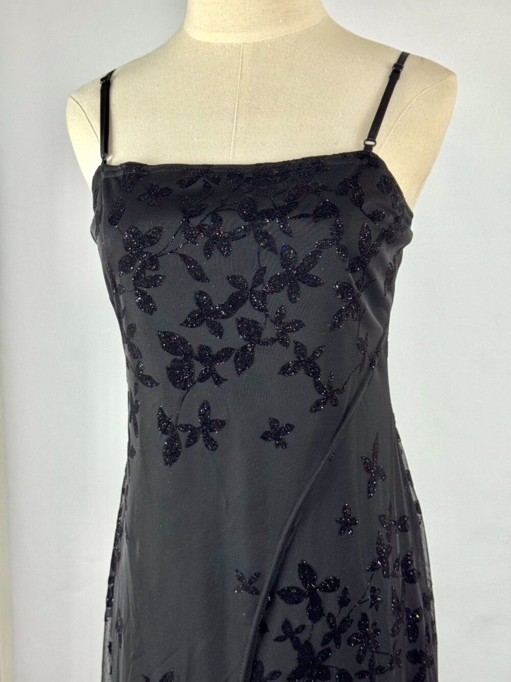 Vtg Y2K Velvet Burnout Floral Maxi Dress Sparkle Sheer Stretch Whimsigoth Witchy - Picture 2 of 9